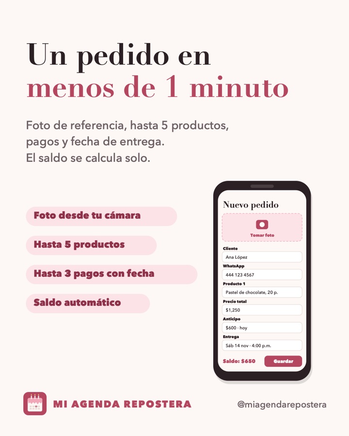 Pantalla de nuevo pedido con foto, productos, anticipo y saldo