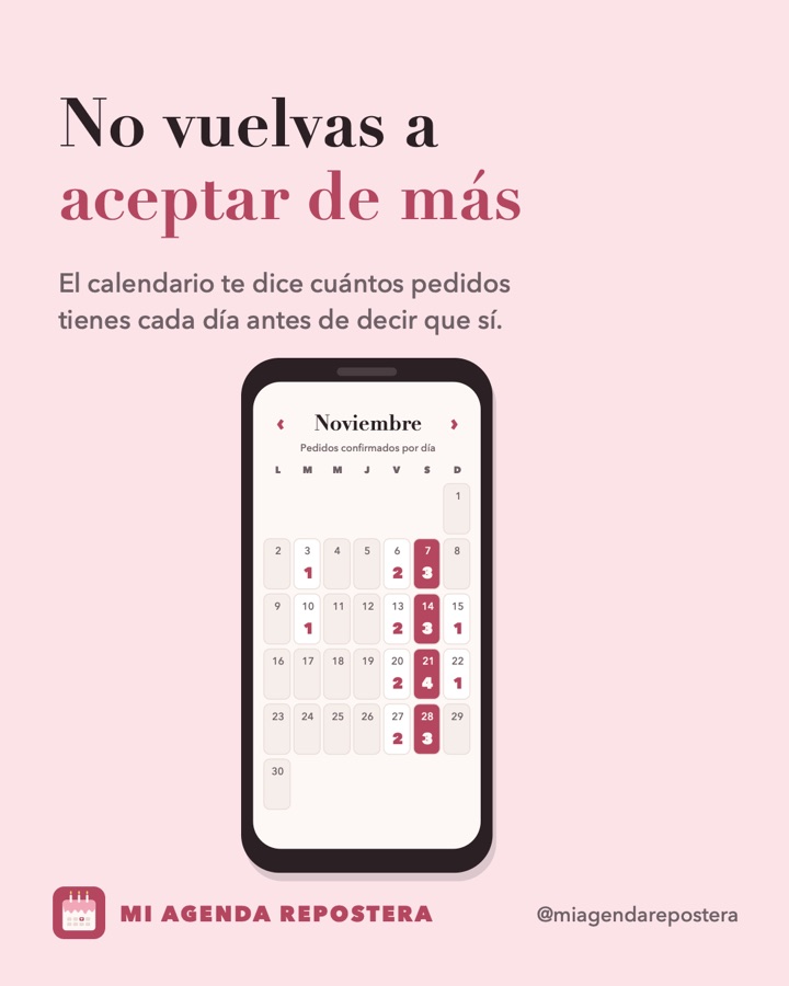 Calendario mensual con número de pedidos por día