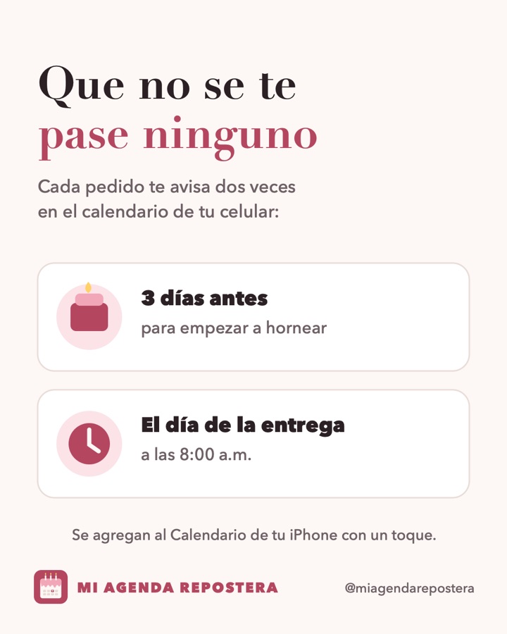 Recordatorios 3 días antes y el día de la entrega