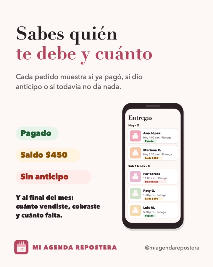 Lista de entregas con etiquetas de pagado, saldo y sin anticipo